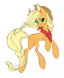 Size: 1230x1496 | Tagged: safe, artist:donnie-moon, derpibooru import, applejack, earth pony, pony, braid, female, freckles, hat, image, jpeg, mare, neckerchief, rearing, signature, simple background, smiling, solo, white background