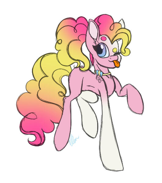 Size: 1280x1446 | Tagged: safe, artist:donnie-moon, derpibooru import, pinkie pie, earth pony, pony, :p, alternate hairstyle, female, image, jpeg, mare, one eye closed, raised hoof, simple background, solo, tongue out, white background, wink