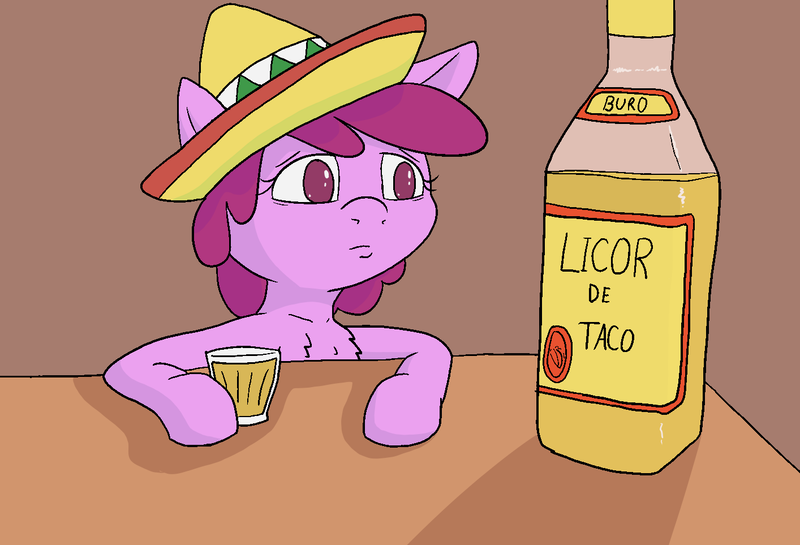 Size: 1414x963 | Tagged: safe, artist:happy harvey, derpibooru import, berry punch, berryshine, ponified, earth pony, pony, alcohol, chest fluff, colored, colored pupils, drawn on phone, dripping, female, food, image, mare, png, ponified animal photo, sad, sombrero, table, tequila