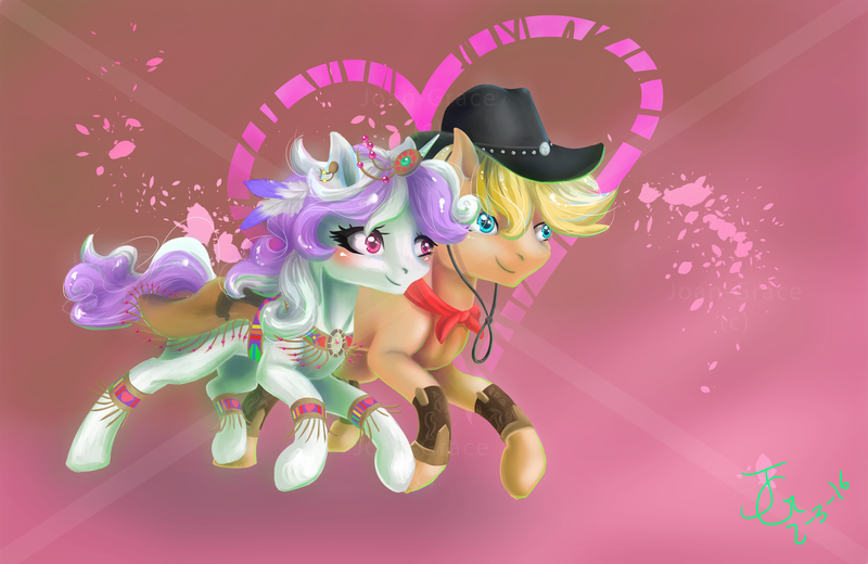 Size: 4000x2600 | Tagged: safe, alternate version, artist:joan-grace, derpibooru import, oc, unofficial characters only, earth pony, pony, abstract background, blushing, duo, earth pony oc, eyelashes, female, hat, image, male, mare, png, running, signature, stallion