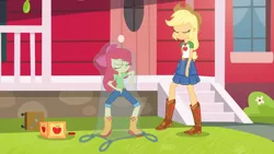 Size: 3410x1920 | Tagged: safe, derpibooru import, screencap, apple bloom, applejack, equestria girls, equestria girls series, holidays unwrapped, spoiler:eqg series (season 2), apple bloom's bow, applejack's hat, belt, boots, bow, clothes, cowboy boots, cowboy hat, cutie mark, cutie mark on clothes, denim skirt, eyes closed, female, geode of super strength, hair bow, hat, image, jewelry, jpeg, magical geodes, necklace, shoes, skirt, smiling, the cider louse fools