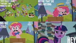 Size: 1280x720 | Tagged: safe, derpibooru import, edit, edited screencap, editor:quoterific, screencap, bon bon, pinkie pie, sweetie drops, twilight sparkle, twilight sparkle (alicorn), alicorn, crystal pony, earth pony, pony, unicorn, season 4, trade ya, book, facial hair, female, hat, image, male, mare, moustache, open mouth, png, stallion