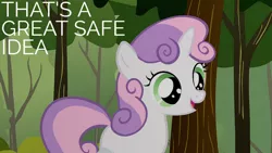 Size: 1280x720 | Tagged: safe, derpibooru import, edit, edited screencap, editor:quoterific, screencap, sweetie belle, pony, unicorn, season 1, the cutie mark chronicles, cute, diasweetes, female, filly, image, jpeg, open mouth, solo, tree