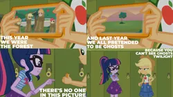 Size: 1280x720 | Tagged: safe, derpibooru import, edit, edited screencap, editor:quoterific, screencap, apple bloom, applejack, big macintosh, granny smith, sci-twi, twilight sparkle, equestria girls, equestria girls series, holidays unwrapped, spoiler:eqg series (season 2), applejack's hat, belt, bowtie, clothes, cowboy hat, crossed arms, cutie mark, cutie mark on clothes, denim skirt, female, geode of super strength, geode of telekinesis, glasses, hat, image, jewelry, lockers, magical geodes, male, mobile phone, necklace, o come all ye squashful, phone, png, ponytail, skirt, smartphone, smiling, tree