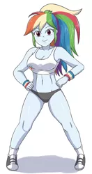 Size: 1555x2952 | Tagged: suggestive, artist:sumin6301, derpibooru import, rainbow dash, equestria girls, belly button, breasts, busty rainbow dash, clothes, hand on hip, image, jpeg, looking at you, shoes, smiling, smiling at you, sneakers, socks, sports bra, sports panties, wristband