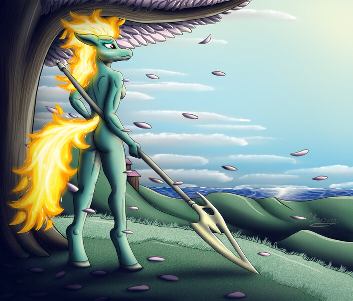 Size: 1280x1090 | Tagged: questionable, derpibooru import, anthro, dragon, hybrid, longma, unguligrade anthro, them's fightin' herds, community related, image, jpeg, solo, spear, tianhuo (tfh), weapon