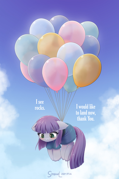 Size: 1600x2400 | Tagged: safe, artist:symbianl, derpibooru import, maud pie, earth pony, pony, balloon, blushing, female, floating, image, jpeg, mare, solo