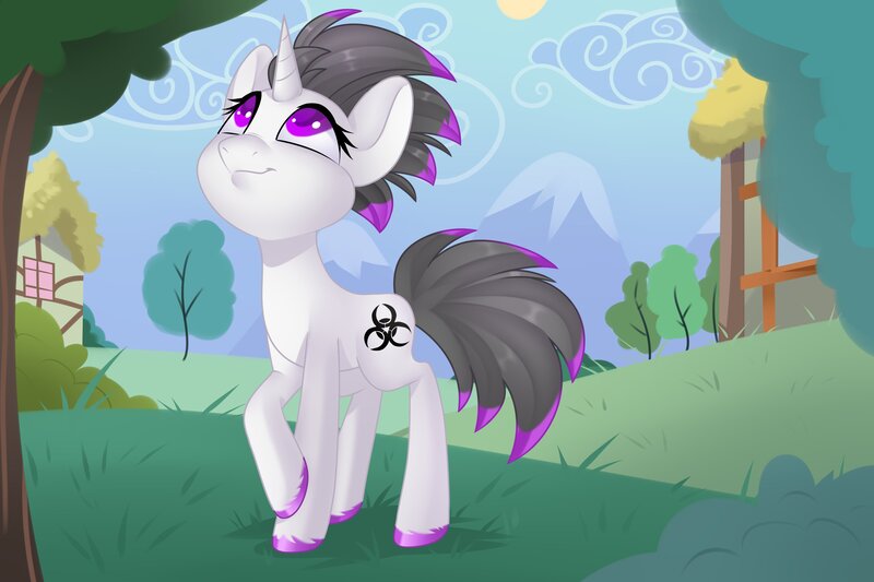 Size: 3000x2000 | Tagged: safe, artist:xvostik, derpibooru import, oc, oc:haze rad, unofficial characters only, pony, unicorn, cloud, colored hooves, commission, commissioner:biohazard, detailed background, eyelashes, grass, grass field, happy, high res, highlights, horn, image, jpeg, looking up, male, raised hoof, solo, stallion, sun, tree, unicorn oc, unshorn fetlocks, ych result