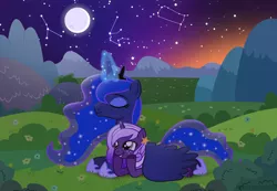 Size: 1200x828 | Tagged: safe, artist:jennieoo, derpibooru import, princess luna, oc, oc:midnight twinkle, alicorn, pony, unicorn, constellation, crown, field, image, jewelry, lying down, magic, moon, mountain, png, princess, regalia, smiling, sunset, vector