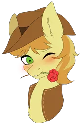 Size: 2498x3855 | Tagged: safe, artist:torihime, derpibooru import, braeburn, earth pony, pony, blushing, bust, commission, flower, flower in mouth, image, looking at you, male, mouth hold, one eye closed, png, portrait, rose, rose in mouth, solo, wink, winking at you, ych result