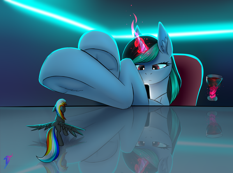 Size: 4162x3102 | Tagged: safe, artist:skanim-sdw, derpibooru import, oc, oc:chrystal, oc:darky wings, unofficial characters only, pegasus, pony, unicorn, alcohol, female, females only, image, looking at phone, macro, magic, micro, neon, phone, png, reflection, underhoof, wine