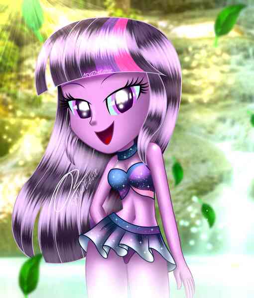 Size: 1700x2000 | Tagged: safe, artist:aryatheeditor, derpibooru import, twilight sparkle, equestria girls, adorasexy, ass, beautiful, bedroom eyes, belly button, breasts, bust, butt, clothes, cute, digital art, female, forest, high res, hips, image, jewelry, jpeg, legs together, looking at you, magical geodes, midnight sparkle, midriff, miniskirt, outfit, panties, pose, purple hair, regalia, river, schrödinger's pantsu, sexy, shiny, skirt, sleeveless, smiling, smiling at you, solo, swimsuit, thigh gap, thighs, tree, underwear