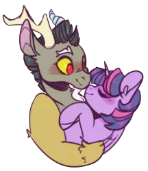 Size: 1055x1221 | Tagged: safe, artist:chyoatas, derpibooru import, discord, twilight sparkle, draconequus, pegasus, blushing, cute, discolight, discute, embrace, female, hug, image, kissing, male, nose kiss, png, shipping, simple background, straight, transparent background