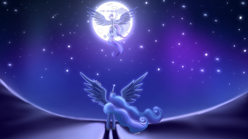 Size: 2910x1640 | Tagged: safe, artist:rainblueart, derpibooru import, princess celestia, princess luna, alicorn, female, image, jpeg, mare in the moon, moon, royal sisters, siblings, sisters