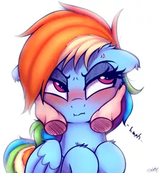 Size: 3200x3500 | Tagged: safe, artist:heavymetalbronyyeah, derpibooru import, rainbow dash, pegasus, pony, blushing, cheek squish, disembodied hand, floppy ears, hand, image, png, simple background, squishy cheeks, tsunderainbow, tsundere, white background