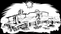 Size: 4256x2364 | Tagged: safe, artist:lexx2dot0, derpibooru import, oc, oc:blackjack, oc:scotch tape, unofficial characters only, earth pony, pony, unicorn, fallout equestria, fallout equestria: project horizons, black and white, clothes, duo, fanfic art, grayscale, high res, horn, image, monochrome, png, small horn, vault suit