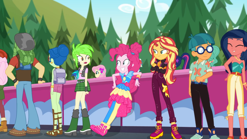 Size: 1397x786 | Tagged: safe, derpibooru import, screencap, cherry crash, desert sage, doodle bug, fluttershy, garden grove, laurel jade, pinkie pie, raspberry lilac, sandalwood, sci-twi, sunset shimmer, twilight sparkle, vinyl scratch, equestria girls, equestria girls series, sunset's backstage pass!, spoiler:eqg series (season 2), background human, backpack, bare shoulders, clothes, crossed arms, geode of sugar bombs, geode of telekinesis, glasses, image, magical geodes, pants, pantyhose, png, rear view, sandals, sleeveless, smiling, strapless