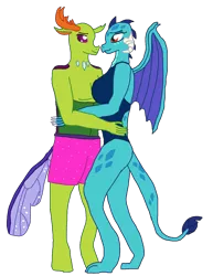 Size: 1236x1602 | Tagged: suggestive, artist:mlp-headstrong, derpibooru import, princess ember, thorax, anthro, changedling, changeling, dragon, breasts, clothes, dragoness, embrace, embrax, female, image, lizard breasts, male, png, shipping, straight, swimsuit