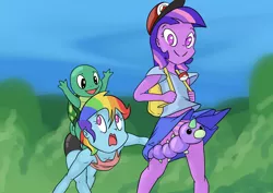 Size: 1414x1000 | Tagged: suggestive, artist:happy harvey, derpibooru import, edit, rainbow dash, spike, tank, twilight sparkle, human, squirtle, weedle, equestria girls, backpack, braless, climbing, clothes, crossover, drawn on phone, falling, female, forest, hat, image, looking at you, looking up, loose fitting clothes, male, panties, png, pokéball, pokémon, purple underwear, riding human, shorts, skirt, smiling, spandex, species swap, striped underwear, surprised, tanktop, tree, underwear, upskirt