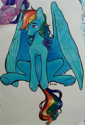 Size: 2327x3419 | Tagged: safe, artist:rover, artist:rrrover, derpibooru import, rainbow dash, pegasus, pony, a dog and pony show, curly hair, cute, image, jpeg, large wings, sitting, solo, traditional art, wings