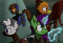 Size: 2000x1350 | Tagged: safe, artist:memeancholy, derpibooru import, oc, oc:aezar, oc:dauntless, oc:six-shooter, oc:vulcan, fallout equestria, image, jpeg