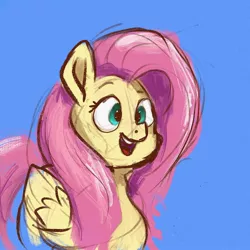 Size: 2048x2048 | Tagged: safe, artist:dummyhorse, derpibooru import, fluttershy, pegasus, pony, blue background, cute, female, image, jpeg, mare, open mouth, open smile, shyabetes, simple background, sketch, smiling, solo