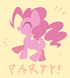 Size: 1739x1932 | Tagged: safe, artist:noupu, derpibooru import, pinkie pie, earth pony, pony, eyes closed, female, happy, image, jpeg, mare, open mouth, open smile, party, simple background, smiling, solo, text, yellow background