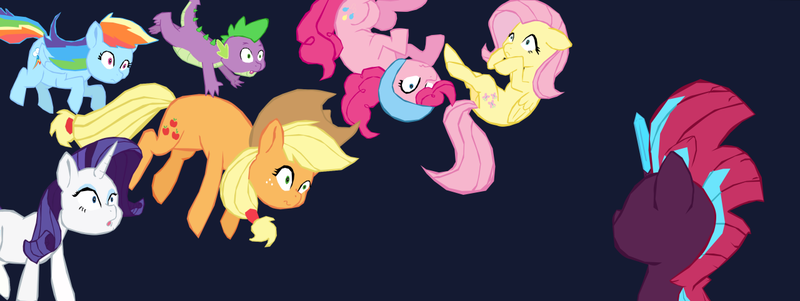 Size: 1280x482 | Tagged: safe, artist:benpictures1, artist:chedx, derpibooru import, applejack, fluttershy, pinkie pie, rainbow dash, rarity, spike, tempest shadow, dragon, earth pony, pegasus, pony, unicorn, comic:the storm kingdom, my little pony: the movie, applejack's hat, captured, cowboy hat, crystal of light, cute, dashabetes, diapinkes, female, floppy ears, general tempest shadow, hat, helmet, image, inkscape, jackabetes, mare, open mouth, png, raribetes, shocked, shocked expression, shyabetes, upside down, vector, wavy mouth