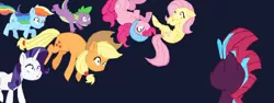 Size: 1280x482 | Tagged: safe, artist:benpictures1, artist:chedx, derpibooru import, applejack, fluttershy, pinkie pie, rainbow dash, rarity, spike, tempest shadow, dragon, earth pony, pegasus, pony, unicorn, comic:the storm kingdom, my little pony: the movie, applejack's hat, captured, cowboy hat, crystal of light, cute, dashabetes, diapinkes, female, floppy ears, general tempest shadow, hat, helmet, image, inkscape, jackabetes, mare, open mouth, png, raribetes, shocked, shocked expression, shyabetes, upside down, vector, wavy mouth