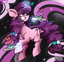 Size: 2800x2700 | Tagged: safe, artist:its_sunsetdraws, derpibooru import, sugar belle, pony, unicorn, cheek fluff, cupcake, cutie mark, digital art, fanart, food, image, looking at you, magic, my little pony, png, poofy mane, simple background, smiling, smiling at you, solo, sprinkles, sprinkles in mane