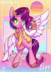 Size: 2480x3508 | Tagged: safe, artist:musicfirewind, derpibooru import, pipp petals, pegasus, pony, abstract background, clothes, female, flapper, g5, high res, hoof hold, image, jacket, jpeg, looking at you, mare, mobile phone, name, open mouth, open smile, phone, retrowave, smartphone, smiling, smiling at you, solo, spread wings, text, triangle, vaporwave, wings