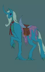Size: 1200x1920 | Tagged: safe, artist:undeadandtired, derpibooru import, changepony, hybrid, alicorn amulet, bag, beads, black sclera, cape, carapace, claws, clothes, curved horn, dock, fangs, fusion:trixalis, horn, image, implied starlight glimmer, lanky, leonine tail, multiple eyes, png, queen trixie, saddle bag, tattered, the great and fearsome trixalis, this will end in death, this will end in tears, this will end in tears and/or death, trixie's cape, unshorn fetlocks