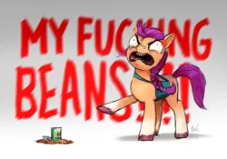 Size: 1532x1074 | Tagged: safe, artist:magfen, derpibooru import, sunny starscout, earth pony, pony, my little pony: a new generation, angry, bag, beans, can, cross-popping veins, female, food, g5, image, izzy's beans, mare, markings, png, simple background, solo, that pony sure does love beans, unshorn fetlocks, vulgar, white background, yelling