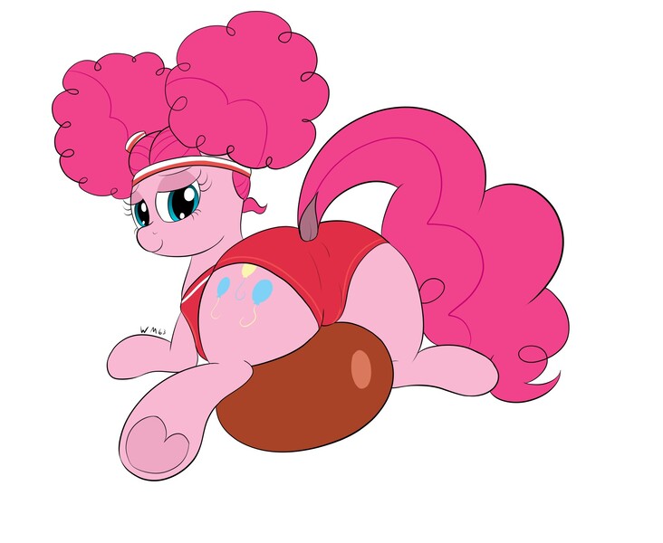 Size: 1975x1618 | Tagged: suggestive, artist:wapamario63, derpibooru import, pinkie pie, earth pony, pony, buckball season, alternate hairstyle, ball, balloonbutt, butt, clothes, dock, female, image, jpeg, looking at you, looking back, looking back at you, mare, panties, pigtails, pinktails pie, plot, simple background, solo, transparent background, underhoof, underwear, uniform