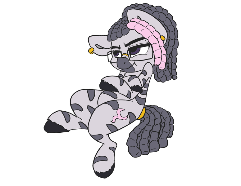 Size: 3300x2550 | Tagged: safe, artist:leadhooves, color edit, derpibooru import, edit, editor:datzigga, oc, oc:dizzy, zebra, arms folded, colored, glasses, grumpy, image, piercing, png, solo, zebra oc