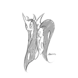 Size: 600x600 | Tagged: safe, artist:srmario, derpibooru import, changeling queen oc, oc, oc:ambrosia, unofficial characters only, changeling, changeling queen, female, grayscale, image, monochrome, png, signature, simple background, solo, white background