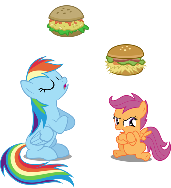 Size: 2353x2587 | Tagged: safe, artist:chainchomp2 edit, artist:drakizora, artist:hourglass-vectors, artist:sollace, derpibooru import, edit, editor:slayerbvc, vector edit, rainbow dash, scootaloo, pegasus, pony, argument, burger, crossed legs, female, filly, food, hay burger, image, mare, oat burger, oats, pictogram, png, simple background, speech bubble, transparent background, vector, wings