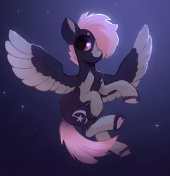 Size: 1502x1550 | Tagged: safe, artist:draw__3, derpibooru import, oc, unofficial characters only, pegasus, pony, chest fluff, cloud, coat markings, flying, image, jpeg, night, smiling, socks (coat marking), solo, spread wings, underhoof, wings