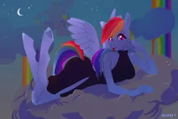 Size: 1200x800 | Tagged: safe, artist:arumaa, derpibooru import, rainbow dash, anthro, pegasus, unguligrade anthro, black dress, breasts, busty rainbow dash, clothes, cloud, dress, female, frog (hoof), image, looking at you, lying down, lying on a cloud, night, on a cloud, png, prone, raspberry, signature, smiling, solo, spread wings, tongue out, underhoof, wings