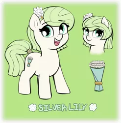Size: 2264x2292 | Tagged: safe, artist:heretichesh, derpibooru import, oc, oc:silverlily, unofficial characters only, earth pony, pony, cute, eye clipping through hair, female, filly, flower, flower in hair, green background, image, jpeg, looking at you, ocbetes, open mouth, open smile, simple background, smiling, solo
