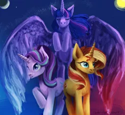 Size: 3900x3600 | Tagged: safe, artist:endergurl511, derpibooru import, starlight glimmer, sunset shimmer, twilight sparkle, twilight sparkle (alicorn), alicorn, pony, unicorn, eyes closed, female, image, magical trio, mare, moon, png, signature, sky, spread wings, sun, wings