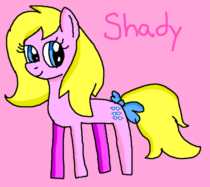 Size: 700x625 | Tagged: safe, artist:brobbol, derpibooru import, shady, earth pony, pony, 1000 hours in ms paint, bow, cute, female, g1 shadybetes, g1 to g4, g4, generation leap, image, mare, ms paint, pink background, png, signature, simple background, smiling, solo, tail bow