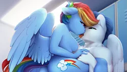 Size: 971x550 | Tagged: suggestive, artist:hentwi, derpibooru import, edit, rainbow dash, soarin', anthro, breasts, cropped, female, holding, image, intimate, kissing, making out, male, png, shipping, soarindash, straight