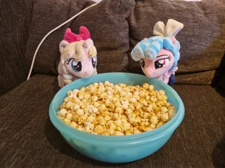 Size: 4032x3024 | Tagged: safe, artist:xeto_de, derpibooru import, cozy glow, oc, oc:lily allure, food, image, irl, jpeg, photo, plushie, popcorn