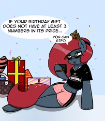 Size: 1094x1259 | Tagged: safe, artist:n-o-n, derpibooru import, oc, oc:jessi-ka, semi-anthro, animated, birthday, clothes, crown, image, jewelry, png, regalia, rich, rude, solo, spoiled, tiara