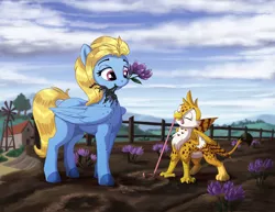 Size: 2400x1848 | Tagged: safe, artist:sirzi, derpibooru import, oc, oc:beaky, oc:brave blossom, unofficial characters only, earthworm, gryphon, pegasus, pony, worm, fanfic:yellow feathers, cloud, cloudy, duo, farm, female, flower, garden, gardener, griffon oc, high res, image, male, mother and child, mother and son, pegasus oc, png, wings