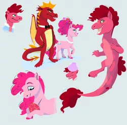 Size: 1280x1255 | Tagged: safe, artist:sandieflower, derpibooru import, garble, pinkie pie, oc, oc:crumble, dracony, dragon, earth pony, hybrid, pony, alternate hairstyle, crack ship offspring, crack shipping, dragon egg, female, image, interspecies offspring, jpeg, male, offspring, parent:garble, parent:pinkie pie, shipping, simple background, straight, white background