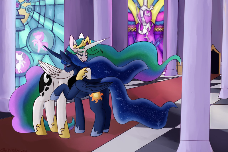 Size: 1280x853 | Tagged: safe, artist:thatpinksphinx, derpibooru import, princess celestia, princess luna, alicorn, pony, a royal problem, commission, eyes closed, female, hug, image, jpeg, mare, royal sisters, siblings, sisters, stained glass window, swapped cutie marks