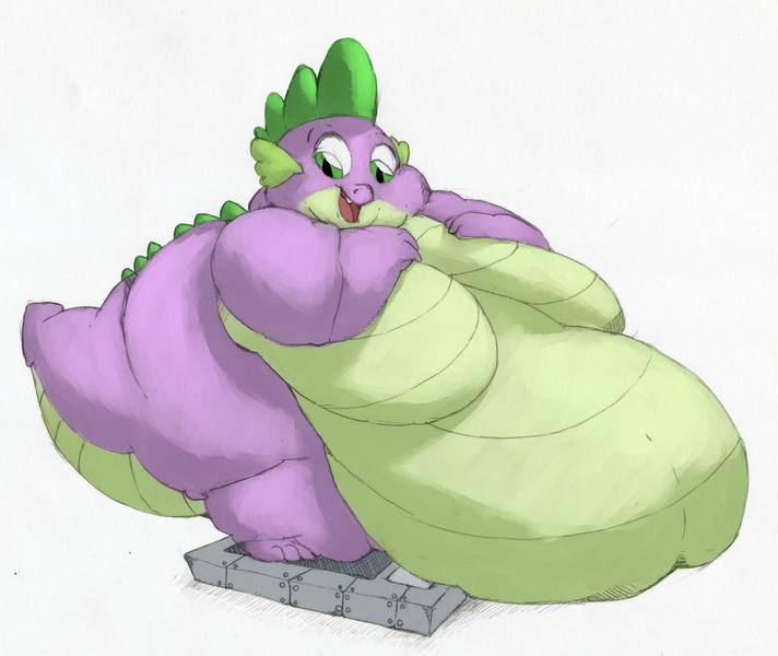 Size: 1280x1078 | Tagged: questionable, artist:arkveveen, artist:bigmint, derpibooru import, spike, dragon, belly, belly on floor, bhm, big belly, fat, fat spike, huge belly, image, impossibly large belly, jpeg, male, moobs, morbidly obese, obese, open mouth, scale, simple background, smiling, solo, solo male, white background