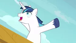 Size: 1280x720 | Tagged: safe, derpibooru import, screencap, shining armor, pony, unicorn, once upon a zeppelin, season 7, airship, cute, image, male, open mouth, png, shining adorable, solo, stallion, zeppelin